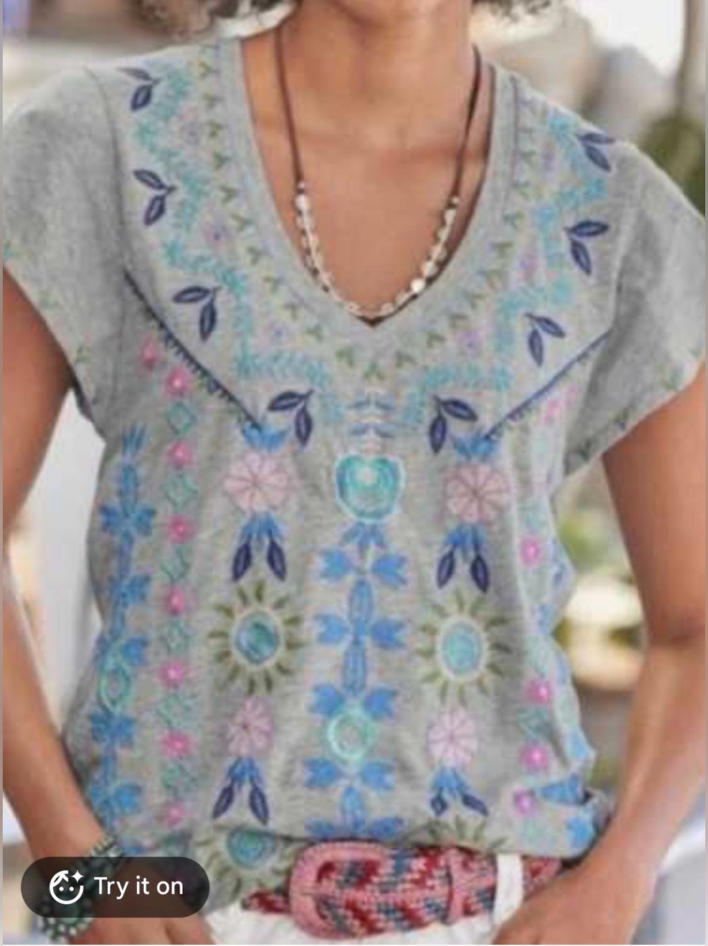 Johnny Was Cotton Gray V-Neck Tee Flowers Embroidery Bohemian Casual Women’s 1X